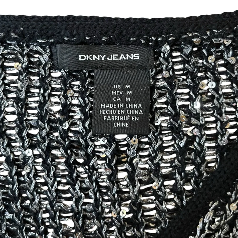 DKNY Jeans Black Grey Sequin Knit Sweater V-Neck Loose Metallic Sparkle Top M - Picture 8 of 9